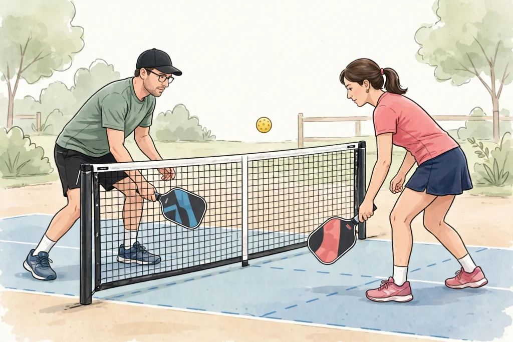 Patient dinking rally at the kitchen line — how to get better at pickleball fast