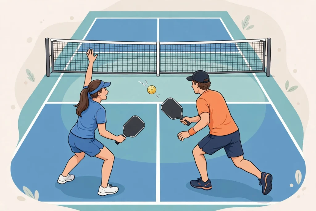 Doubles partners covering the middle of the court — how to get better at pickleball fast