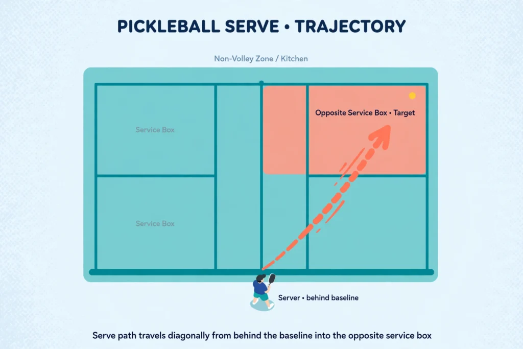 Diagonal pickleball serve trajectory into the service box — how do you serve in pickleball